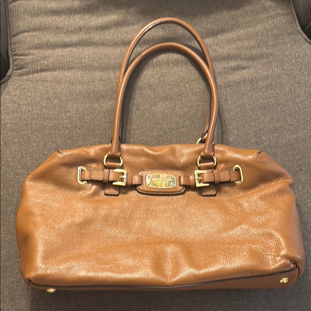Brown Leather Satchel with Gold-Tone Hardware